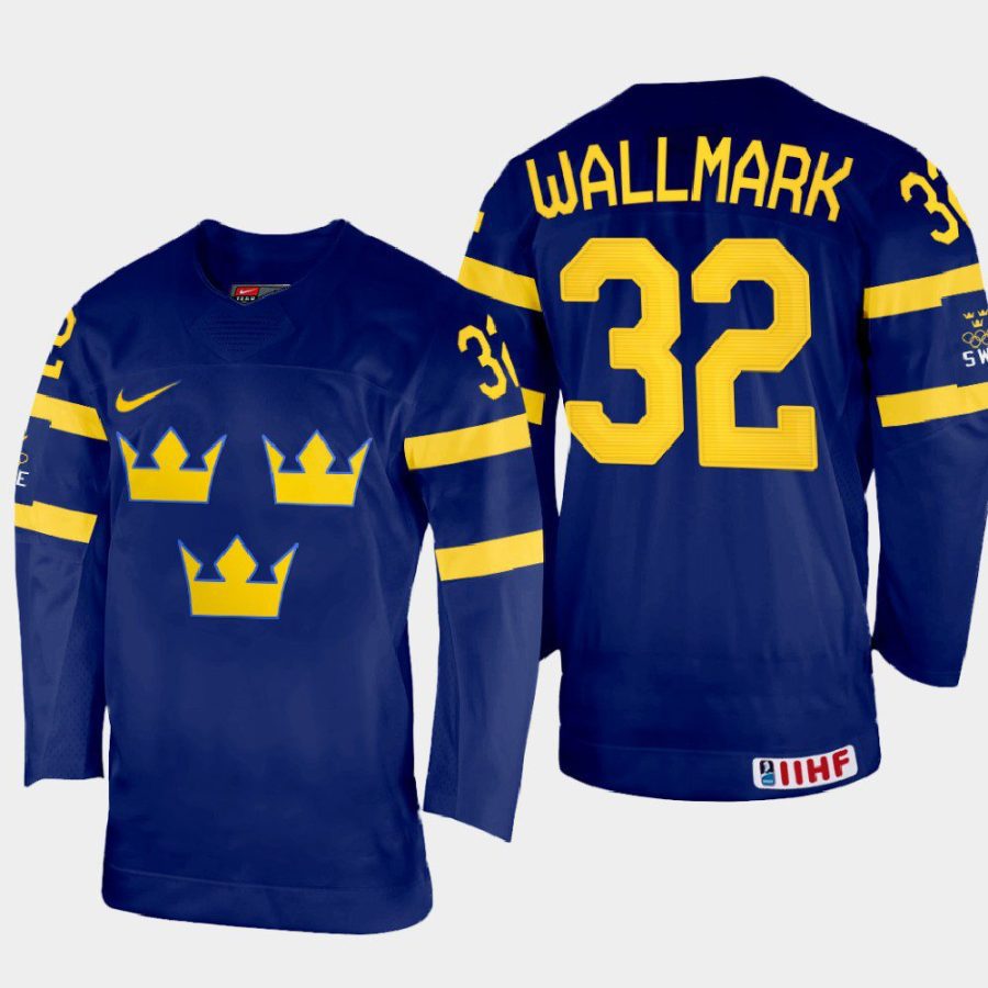 sweden hockey lucas wallmark 2022 iihf world championship away jersey navy