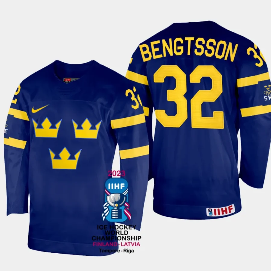 sweden hockey lukas bengtsson 2023 iihf world championship men away jersey navy