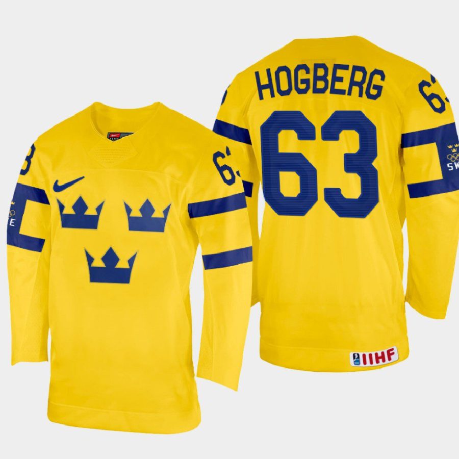 sweden hockey marcus hogberg 2022 iihf world championship home jersey yellow