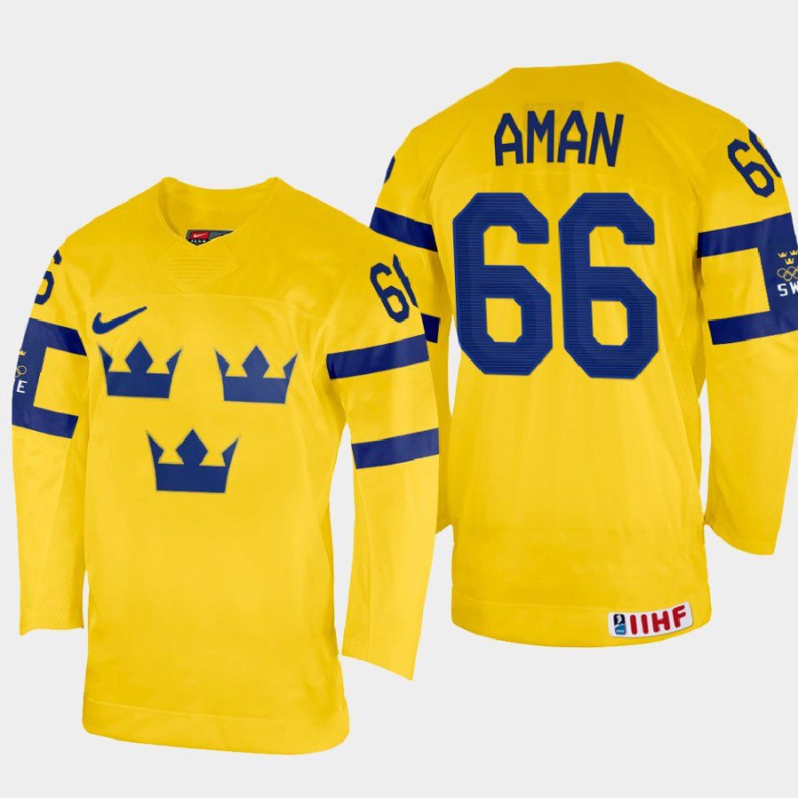 sweden hockey nils aman 2022 iihf world championship home jersey yellow