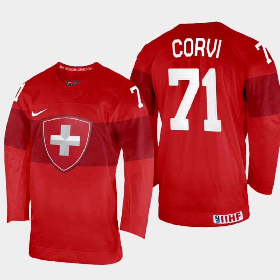 switzerland hockey enzo corvi 2022 iihf world championship away jersey red