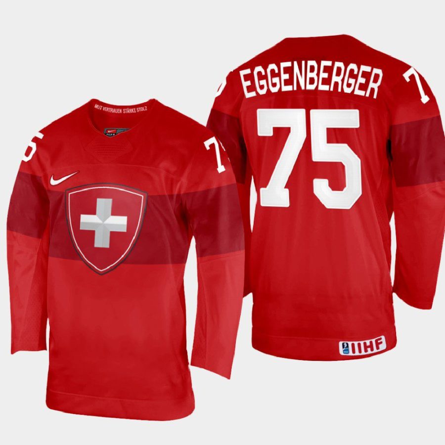 switzerland hockey nando eggenberger 2022 iihf world championship away jersey red