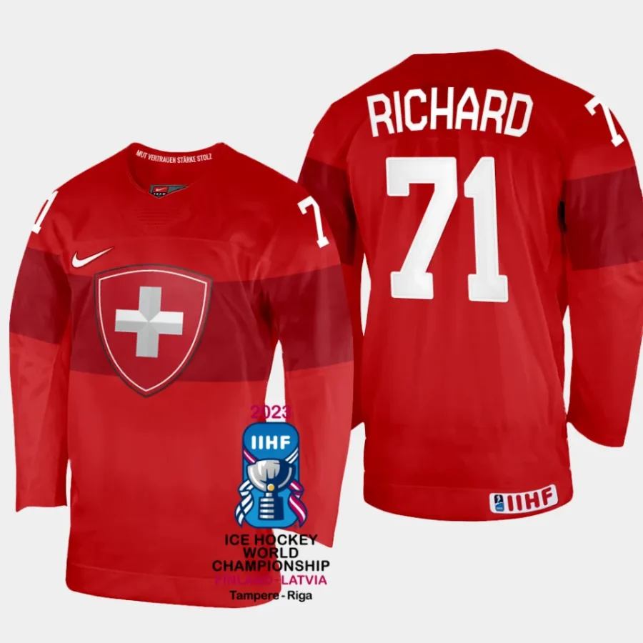 switzerland hockey tanner richard 2023 iihf world championship men away jersey red