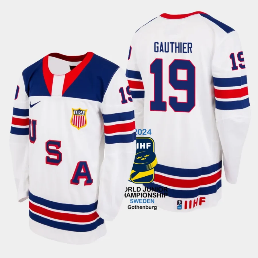 usa hockey cutter gauthier 2024 iihf world junior champions jersey white