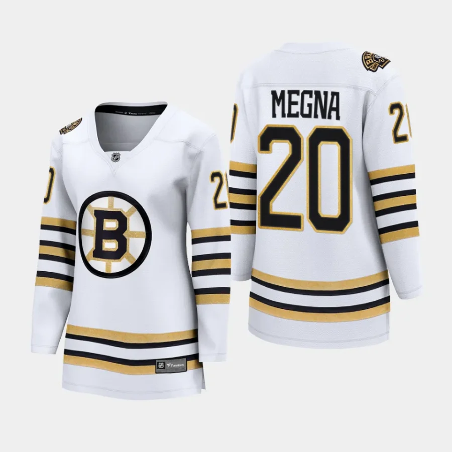 women bruins jayson megna white 2023 24 100th anniversary premier breakaway player jersey