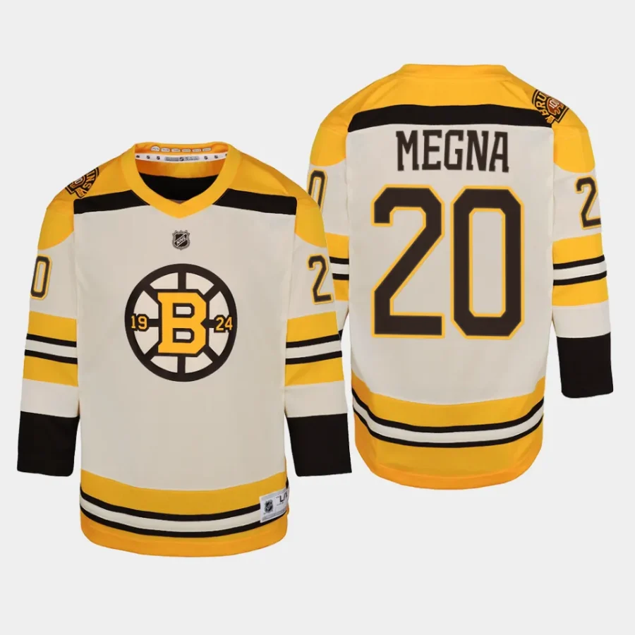 youth bruins jayson megna cream 2023 24 100th anniversary premier player jersey