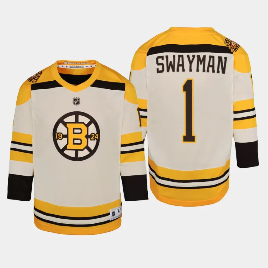 youth bruins jeremy swayman cream 2023 24 100th anniversary premier player jersey