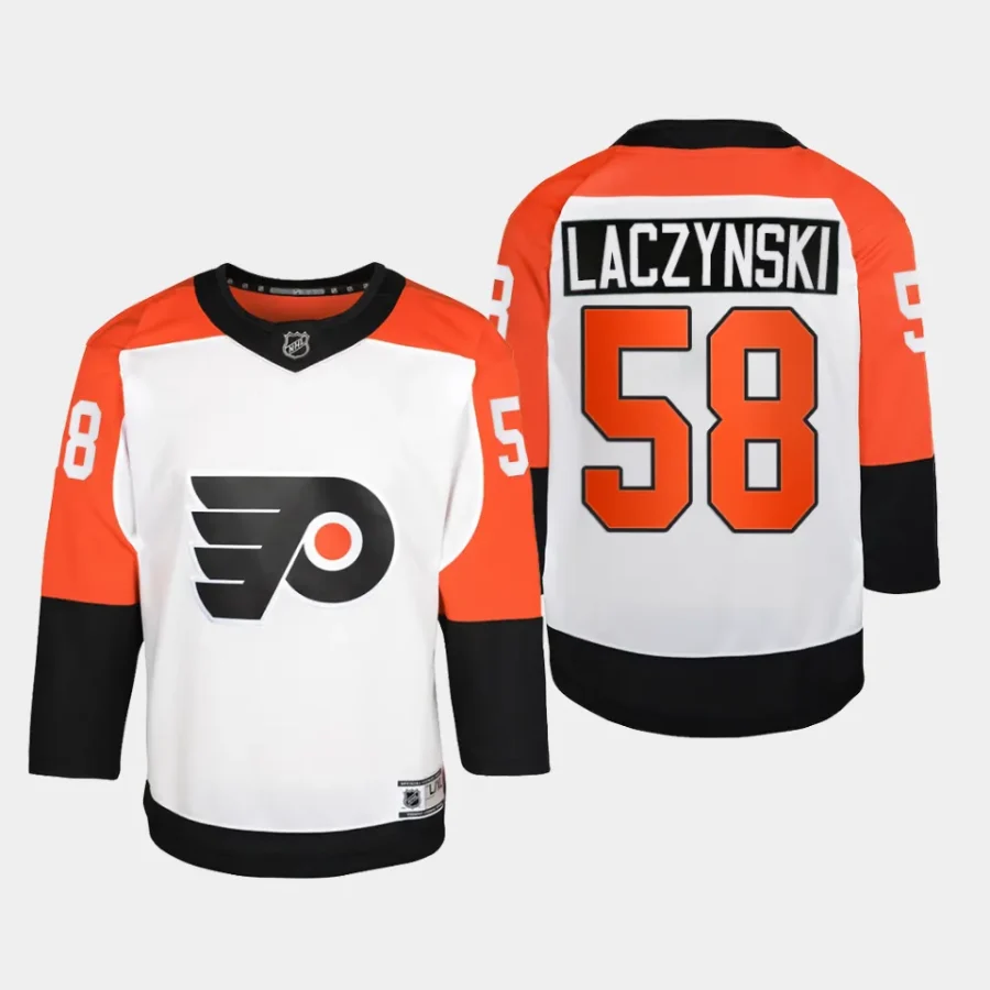 youth flyers tanner laczynski white 2023 24 away premier player jersey