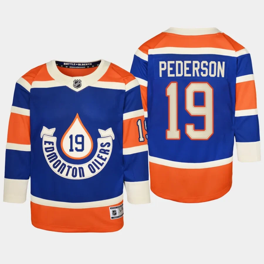 youth oilers lane pederson royal 2023 nhl heritage classic premier player jersey