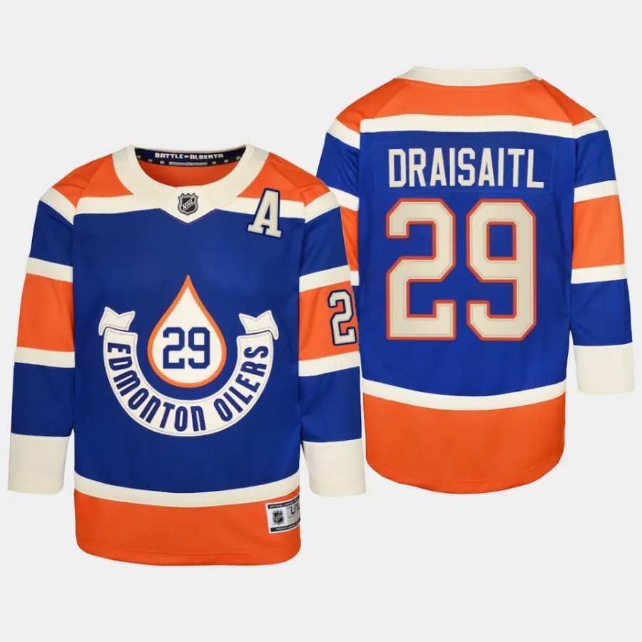 youth oilers leon draisaitl royal 2023 nhl heritage classic premier player jersey