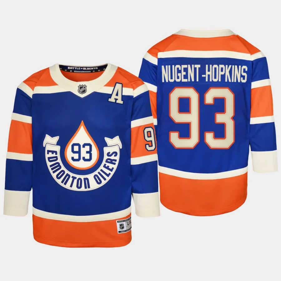 youth oilers ryan nugent hopkins royal 2023 nhl heritage classic premier player jersey