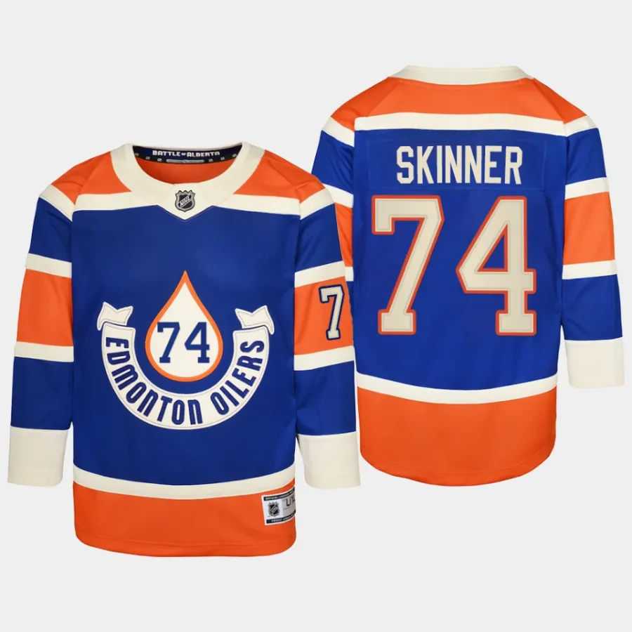 youth oilers stuart skinner royal 2023 nhl heritage classic premier player jersey