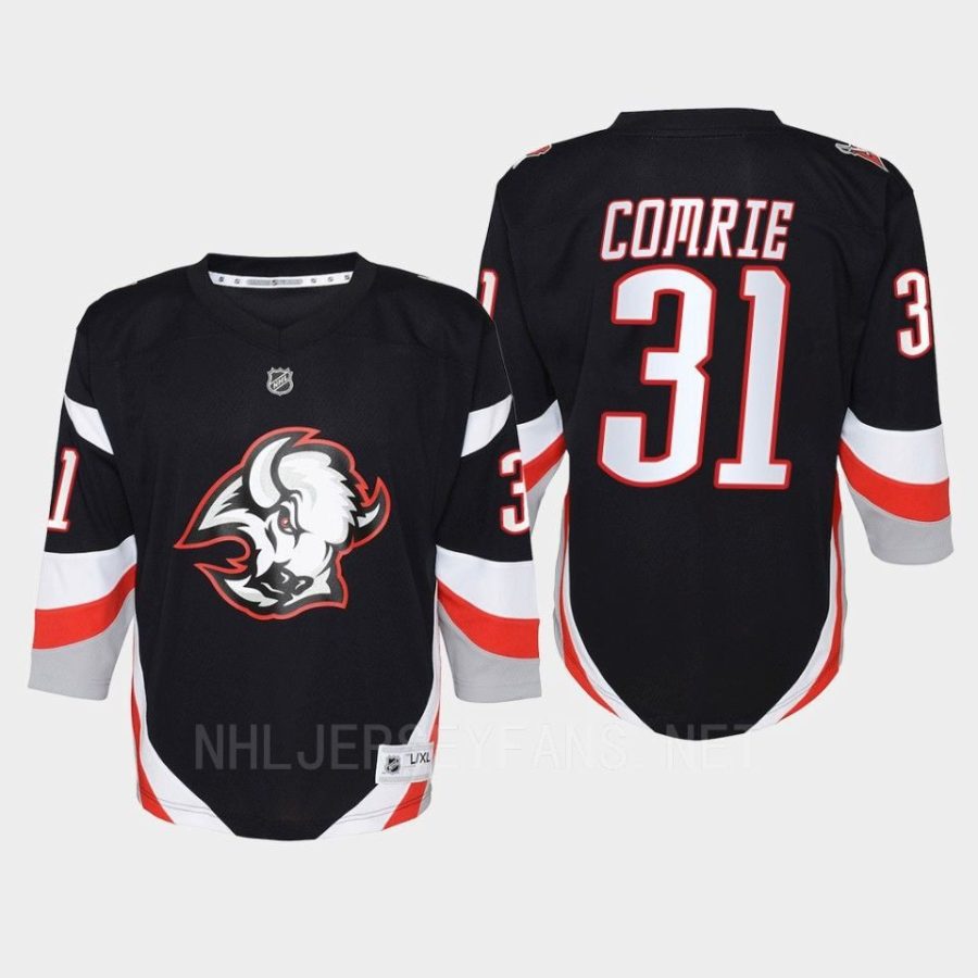 youth sabres eric comrie black 2022 23 goathead third replica player jersey