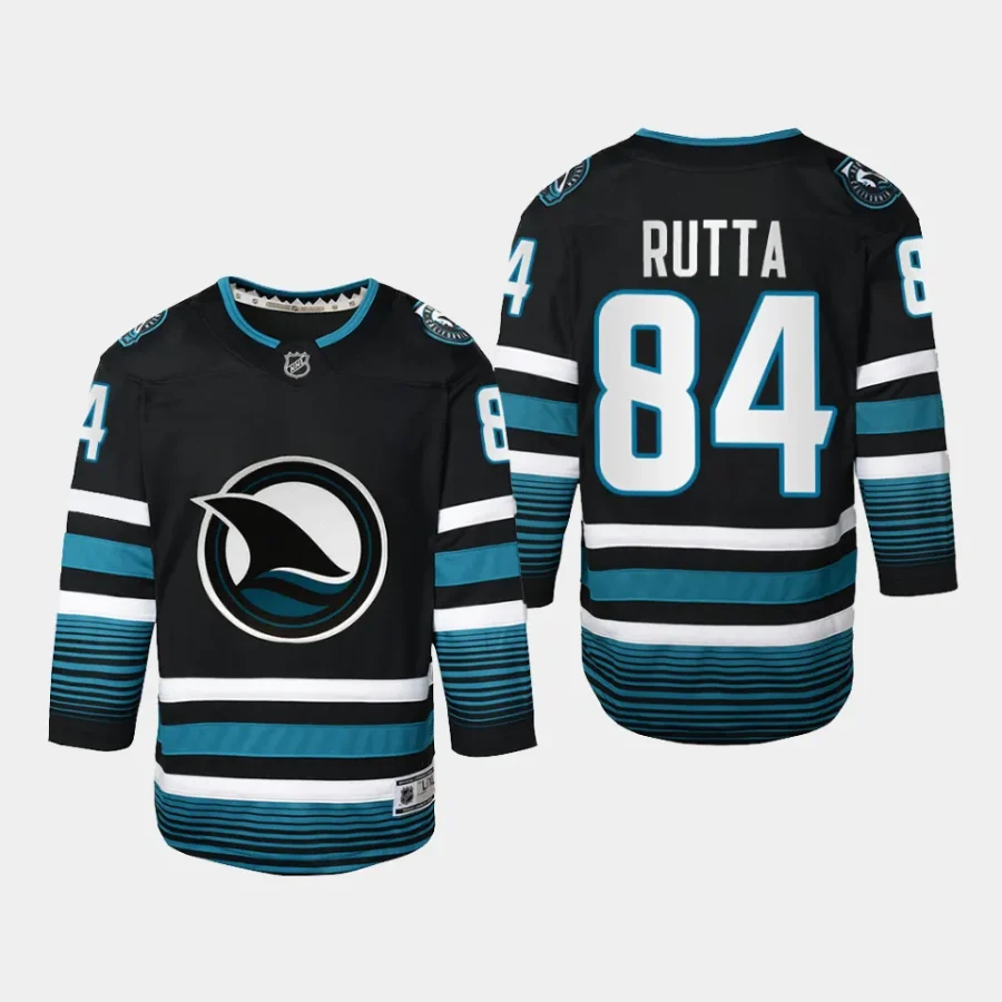 youth sharks jan rutta black 2023 24 cali fin 3rd alternate replica jersey